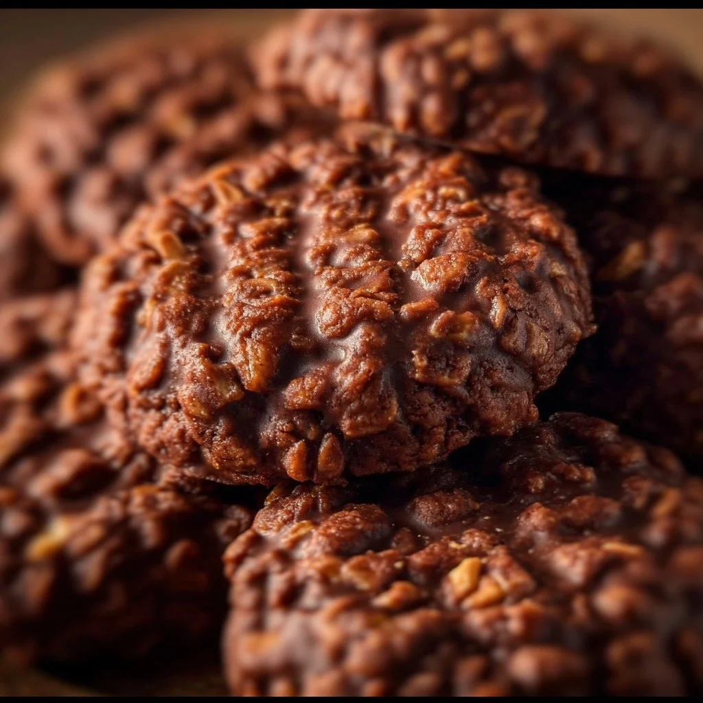 No-bake chocolate peanut butter cookies on a plate with chocolate drizzle.