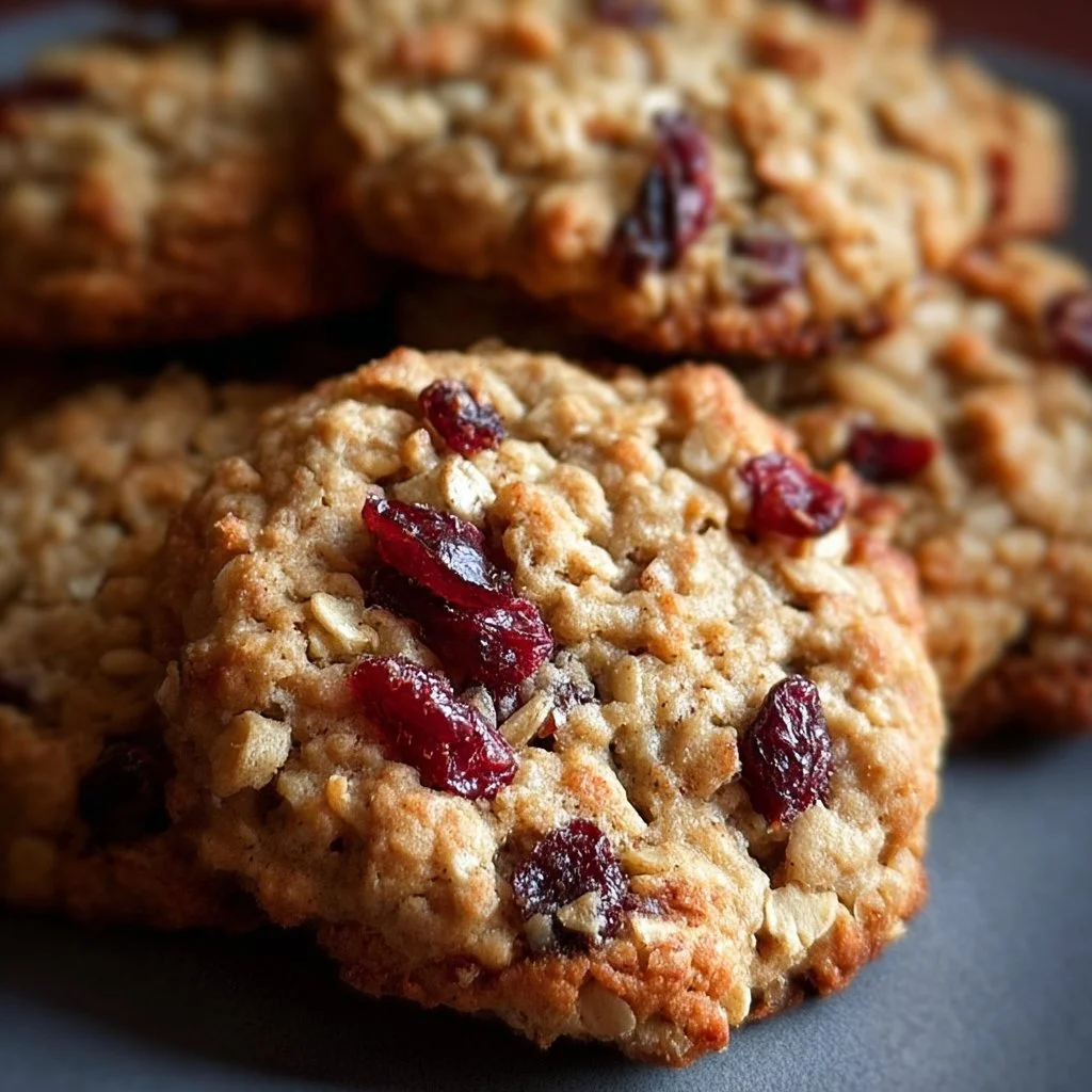 Oatmeal Cranberry Pecan Cookies on a plate with a rustic background