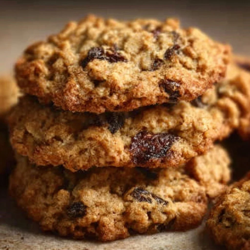Baked oatmeal raisin cookies on a wooden table, warm and delicious.