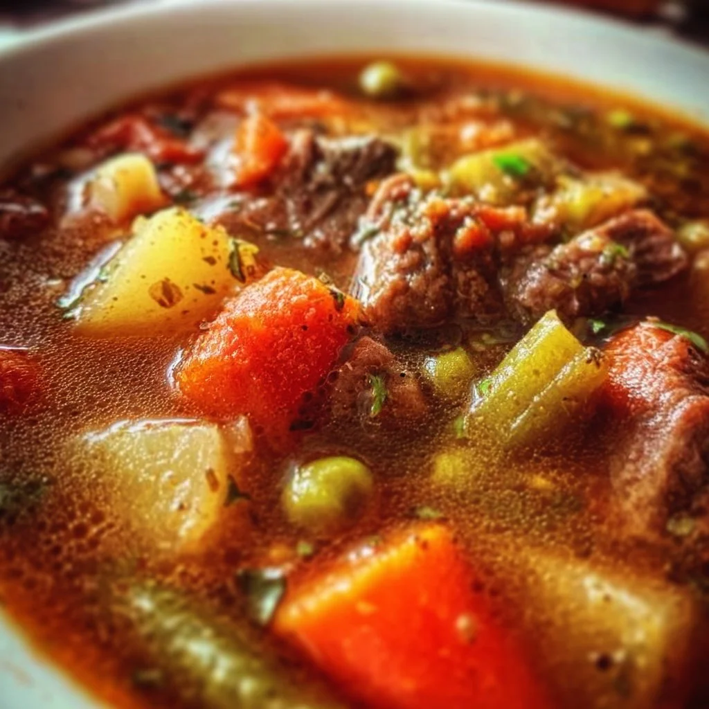 Bowl of old-fashioned vegetable beef soup with fresh vegetables and tender beef