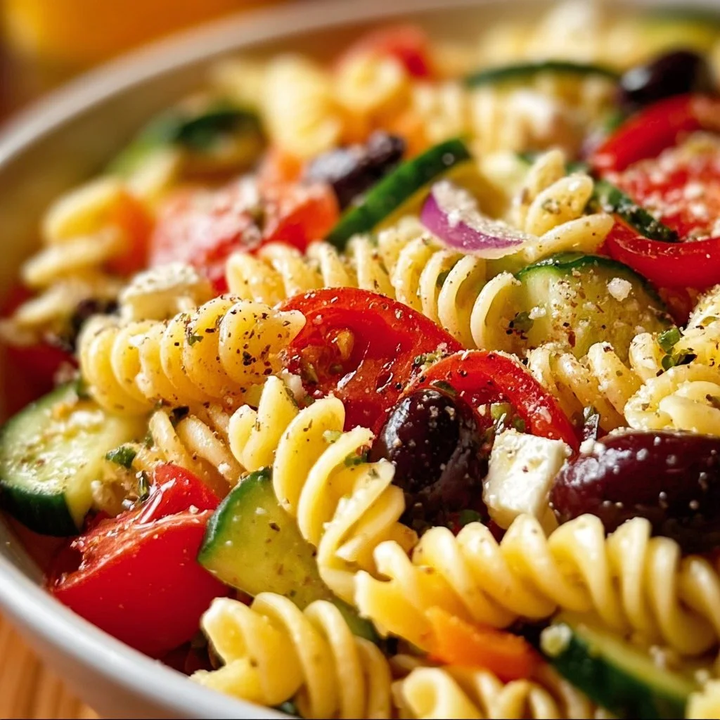 Olive Garden-inspired pasta salad with fresh vegetables and dressing