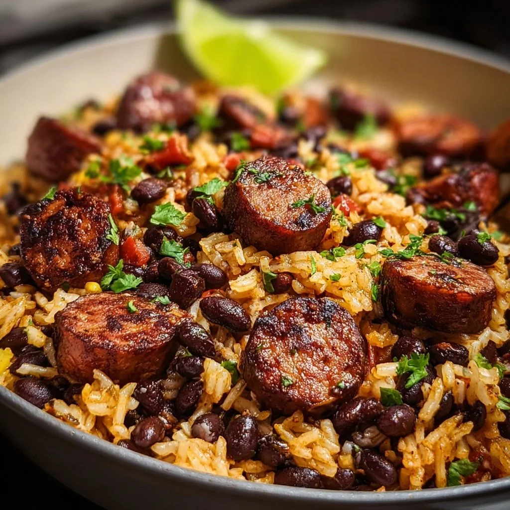 One-pan black beans skillet with sausage and rice for a delicious meal.