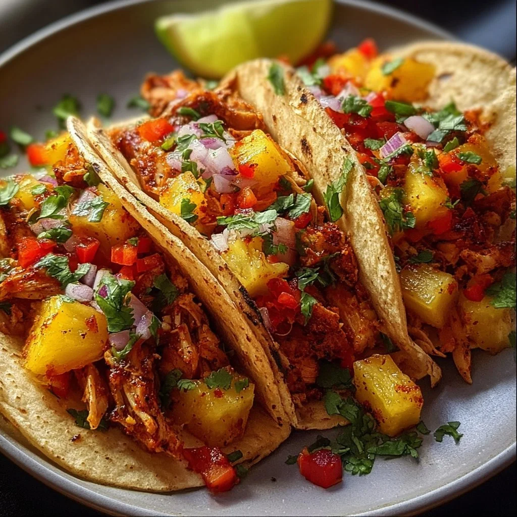 One-Pan Chicken and Pineapple Tacos served on a plate