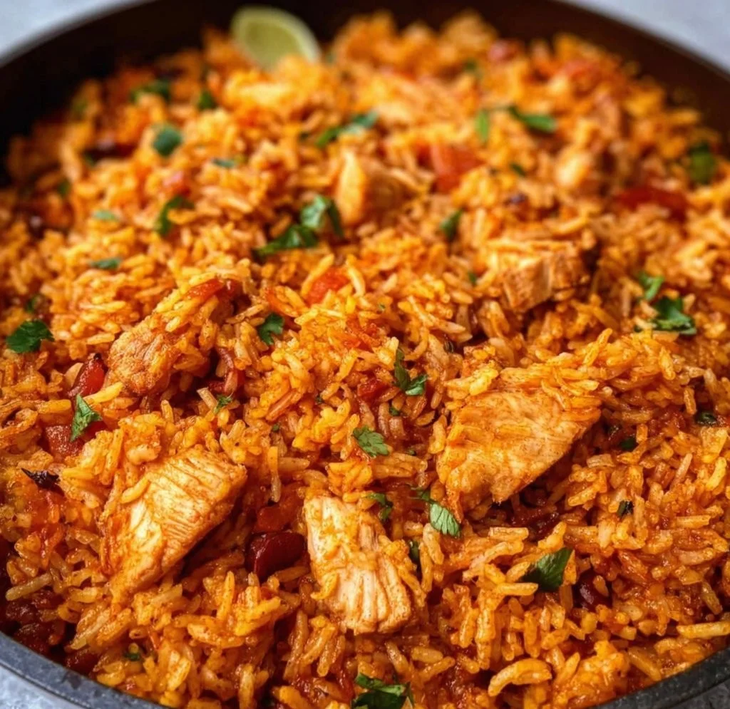 One Pan Mexican Chicken and Rice served with fresh cilantro and lime