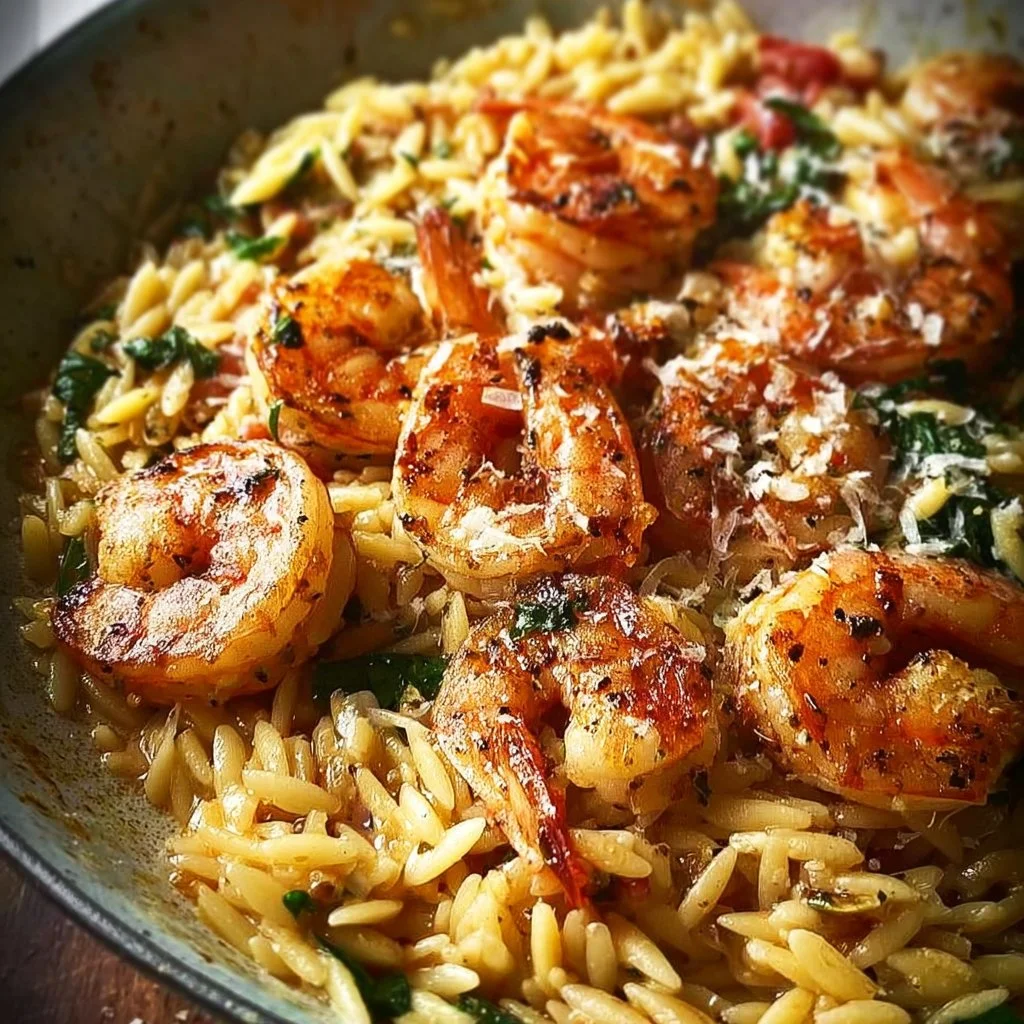 One Pan Parmesan Orzo with Shrimp dish garnished with herbs, served in a skillet.