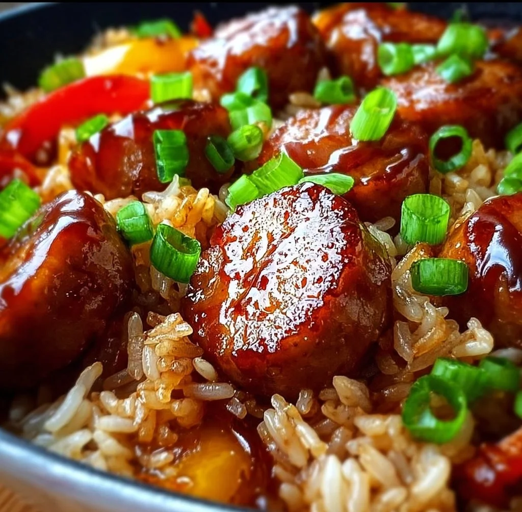 One Pan Sweet And Tangy BBQ Sausage Rice served in a skillet with vibrant ingredients