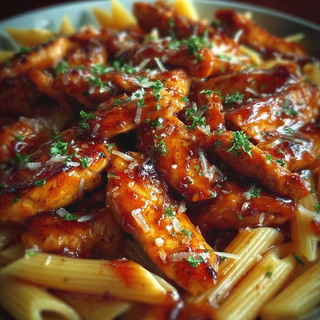 One-Pan Tangy Honey BBQ Chicken Penne dish with vibrant noodles and chicken