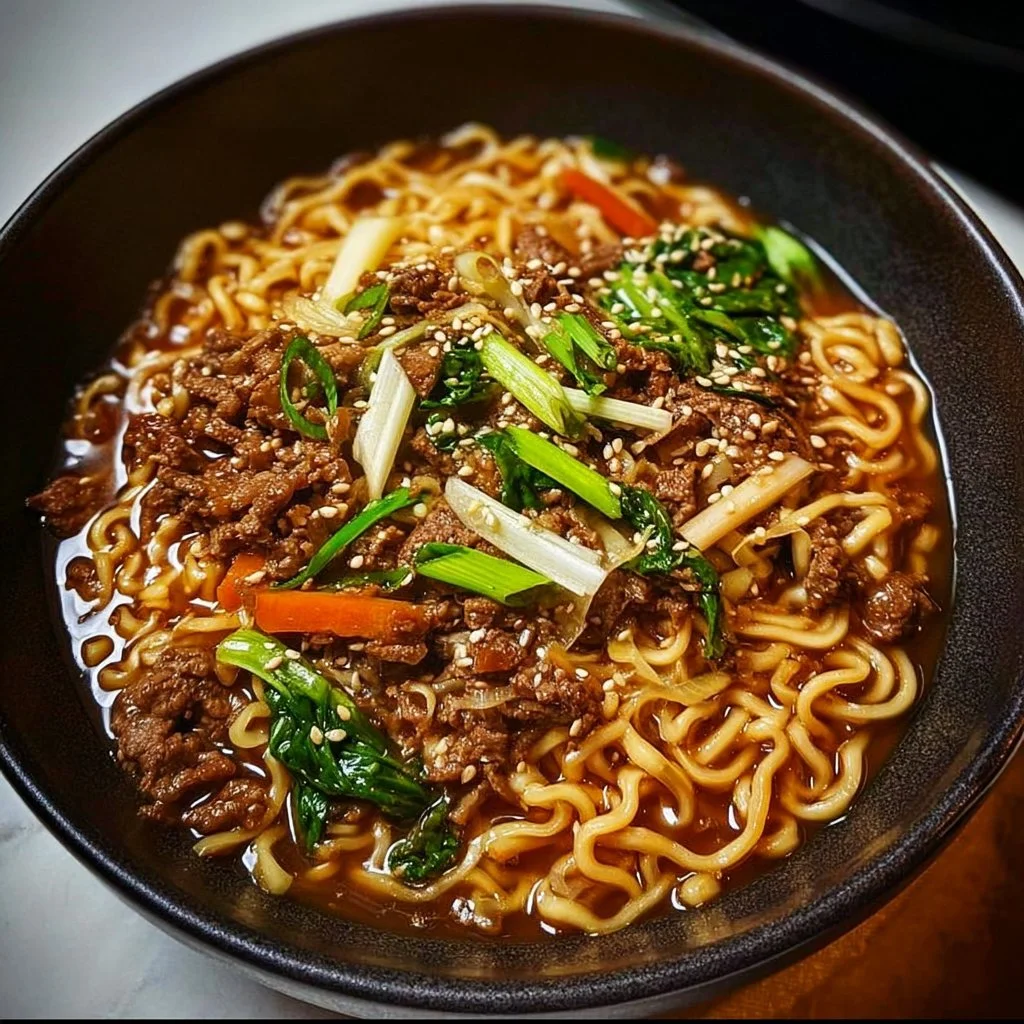 Delicious one-pot beef ramen noodles garnished with herbs and vegetables