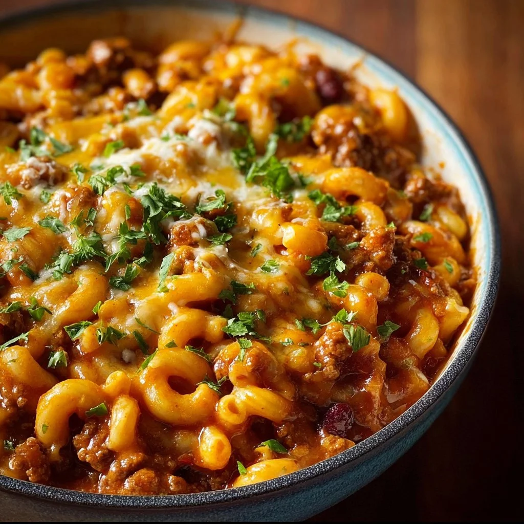 One Pot Chili Mac and Cheese dish served in a bowl, featuring pasta and chili.