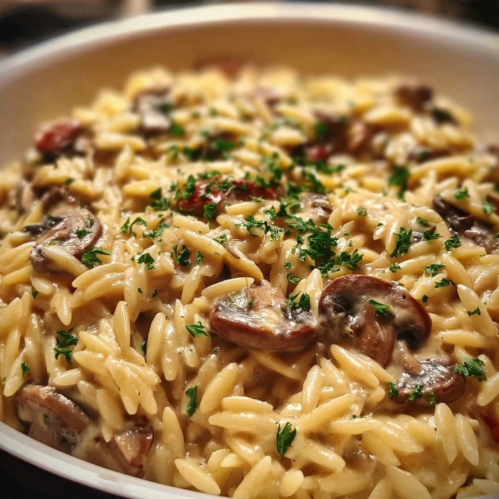 Delicious One-Pot Creamy Mushroom Orzo with fresh mushrooms and herbs