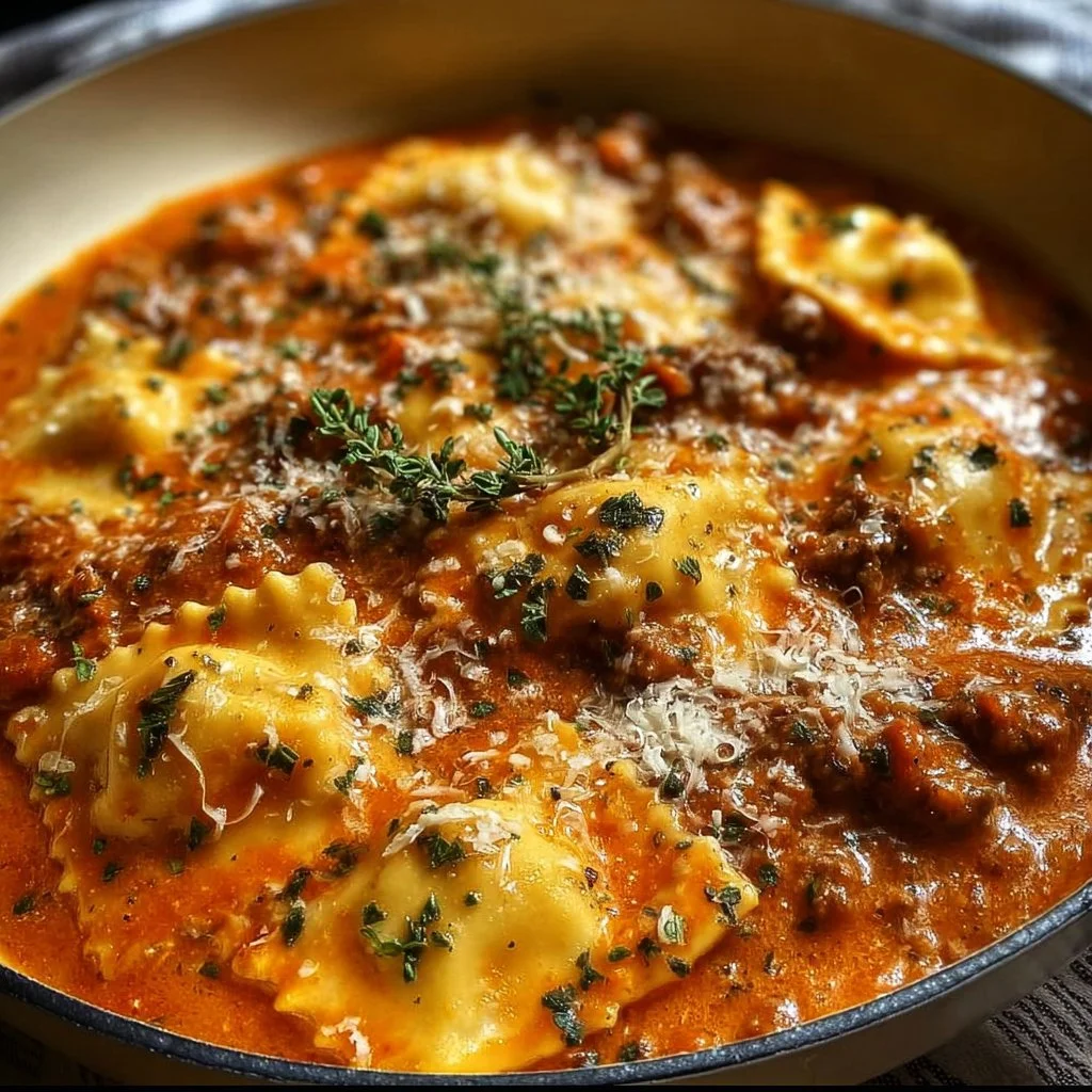 One pot ravioli in creamy tomato beef sauce garnished with herbs