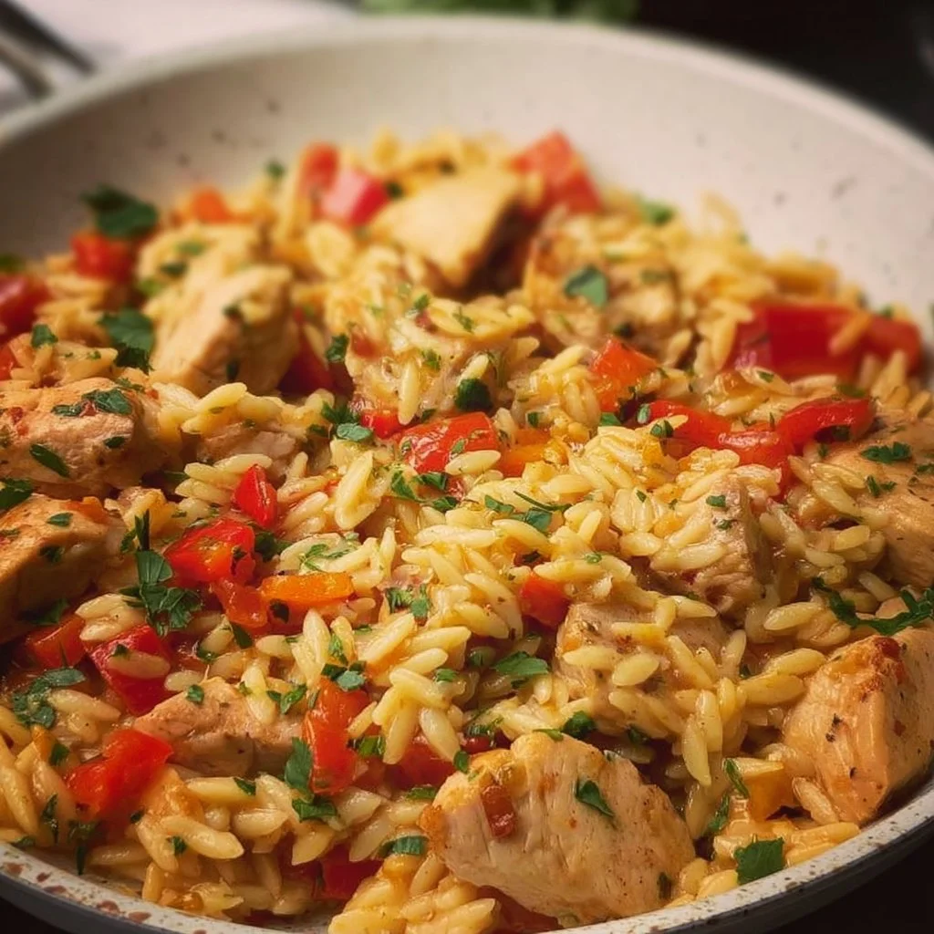 One pot red pepper chicken orzo served in a bowl with fresh herbs.