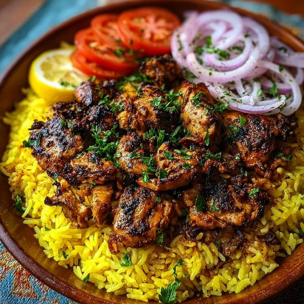 A comforting bowl of One Pot Shawarma Chicken and Rice served with fresh herbs.