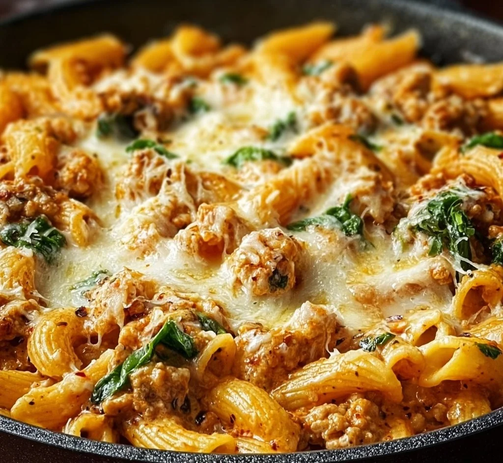 One-skillet cheesy ground chicken pasta dish topped with melted cheese.