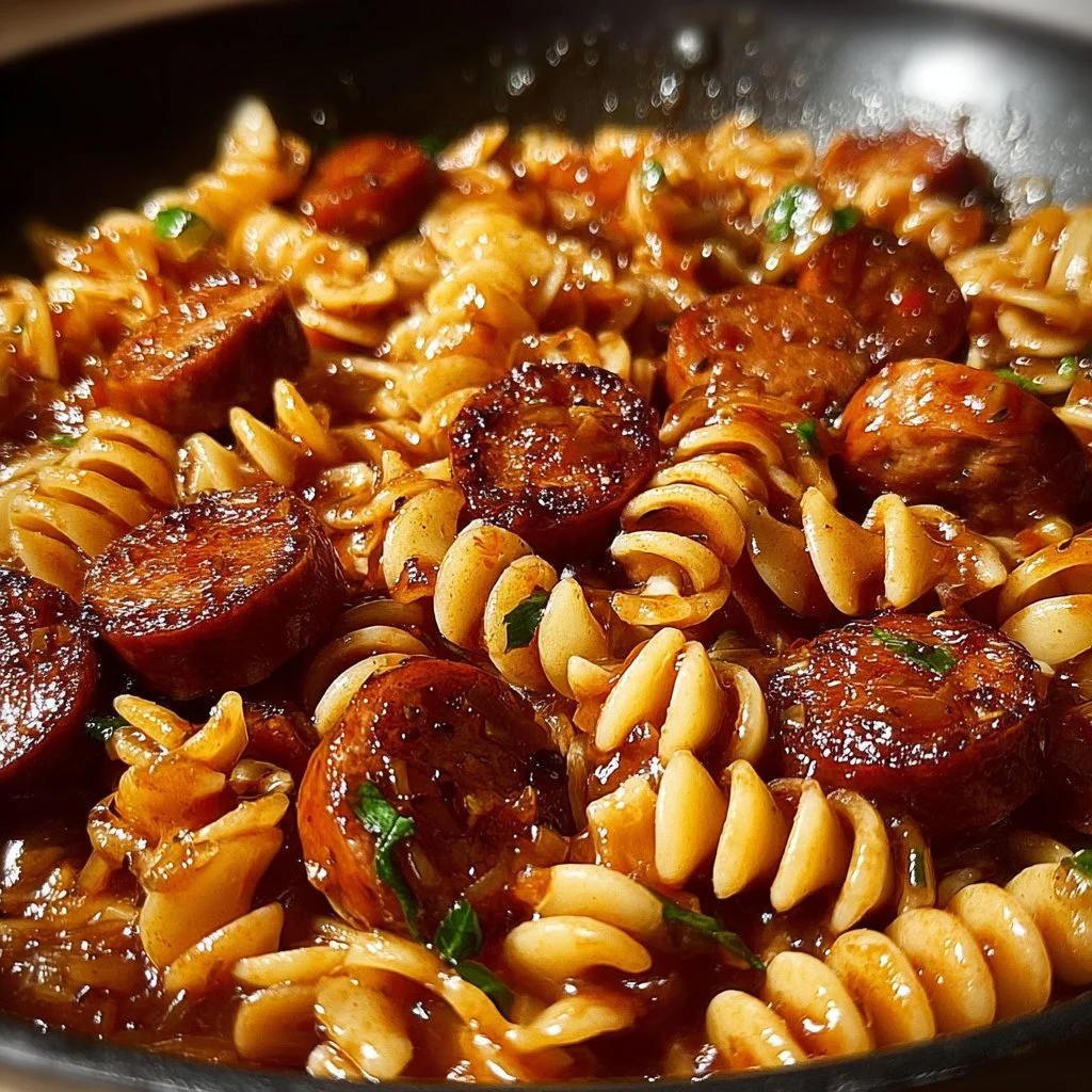 One-Skillet Spicy Honey BBQ Sausage with Pasta in a skillet.