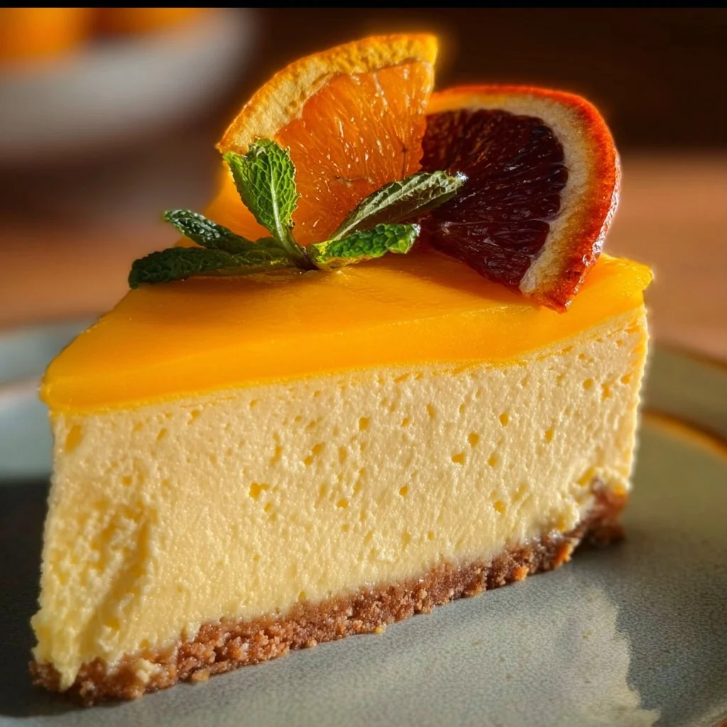 Slice of delicious orange cheesecake topped with orange slices and whipped cream.