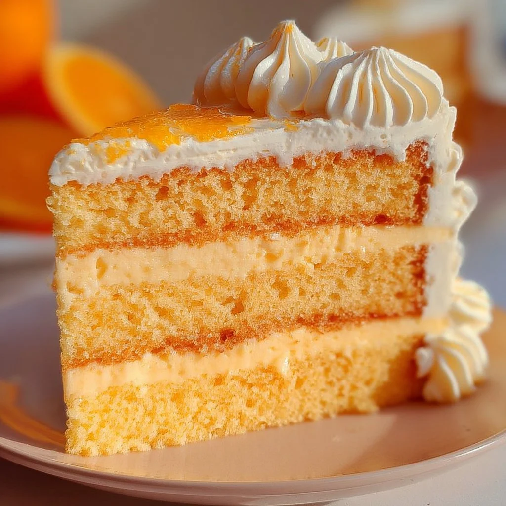 Delicious Orange Creamsicle Cake with vibrant orange frosting and cream layers.