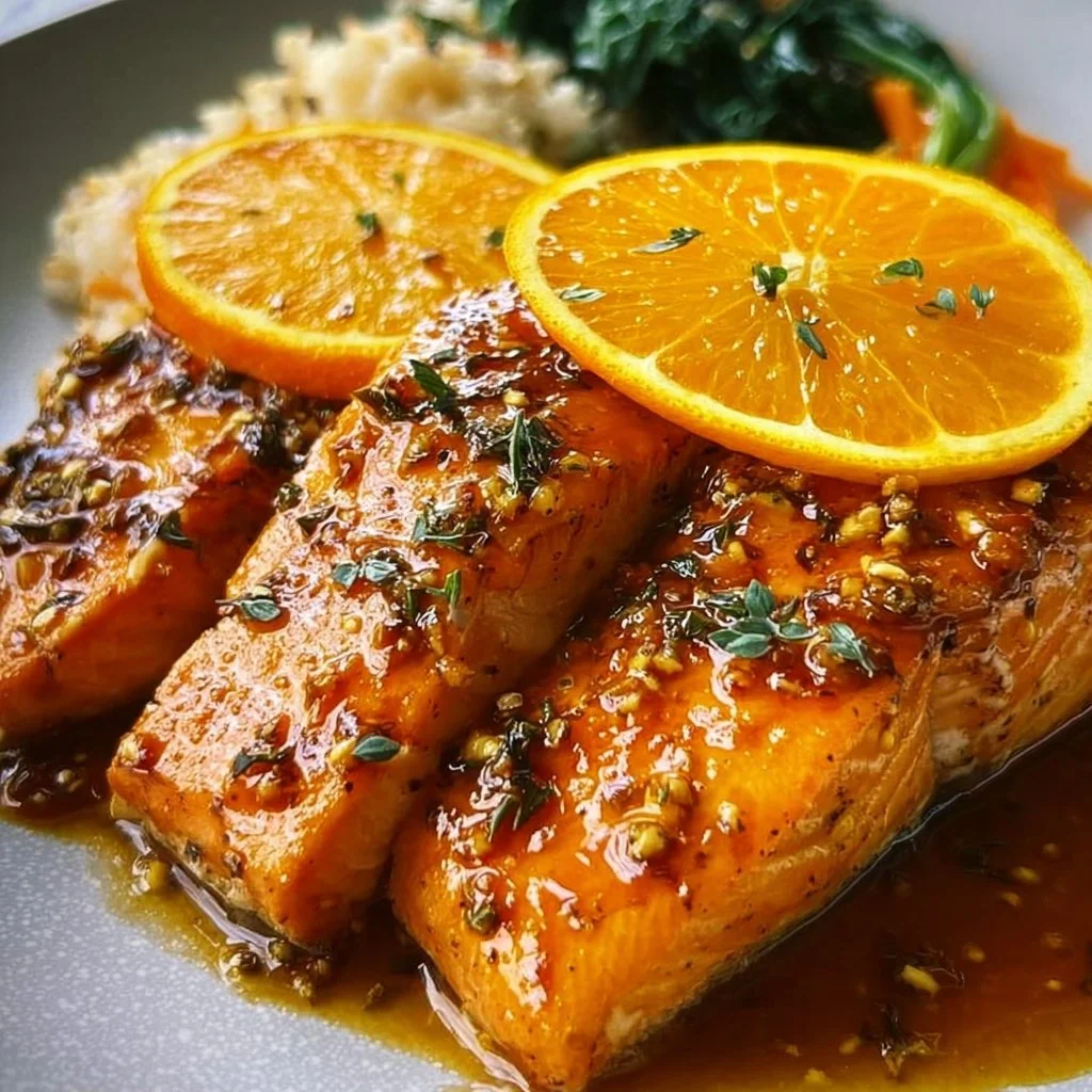 A beautifully plated orange glazed salmon fillet garnished with citrus slices.