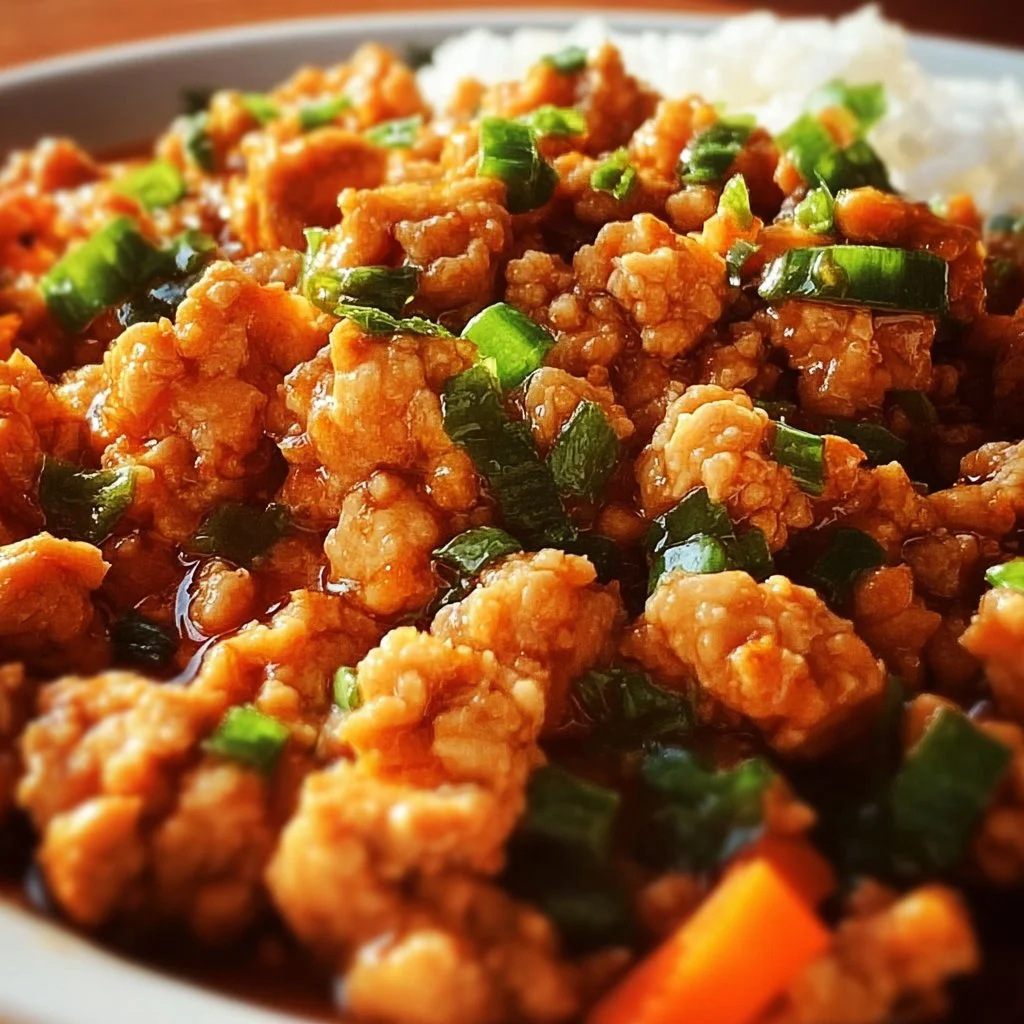 Delicious orange ground chicken served with rice and vegetables