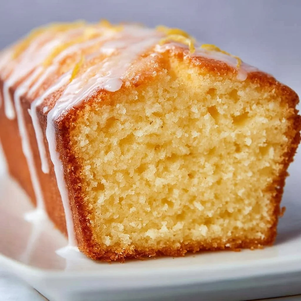 Sliced Orange Pound Cake with citrus glaze on a wooden table