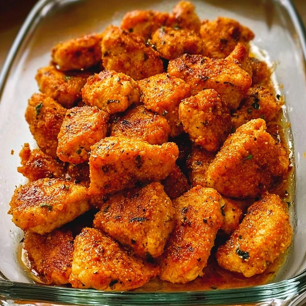 Crispy oven-baked chicken bites served on a plate