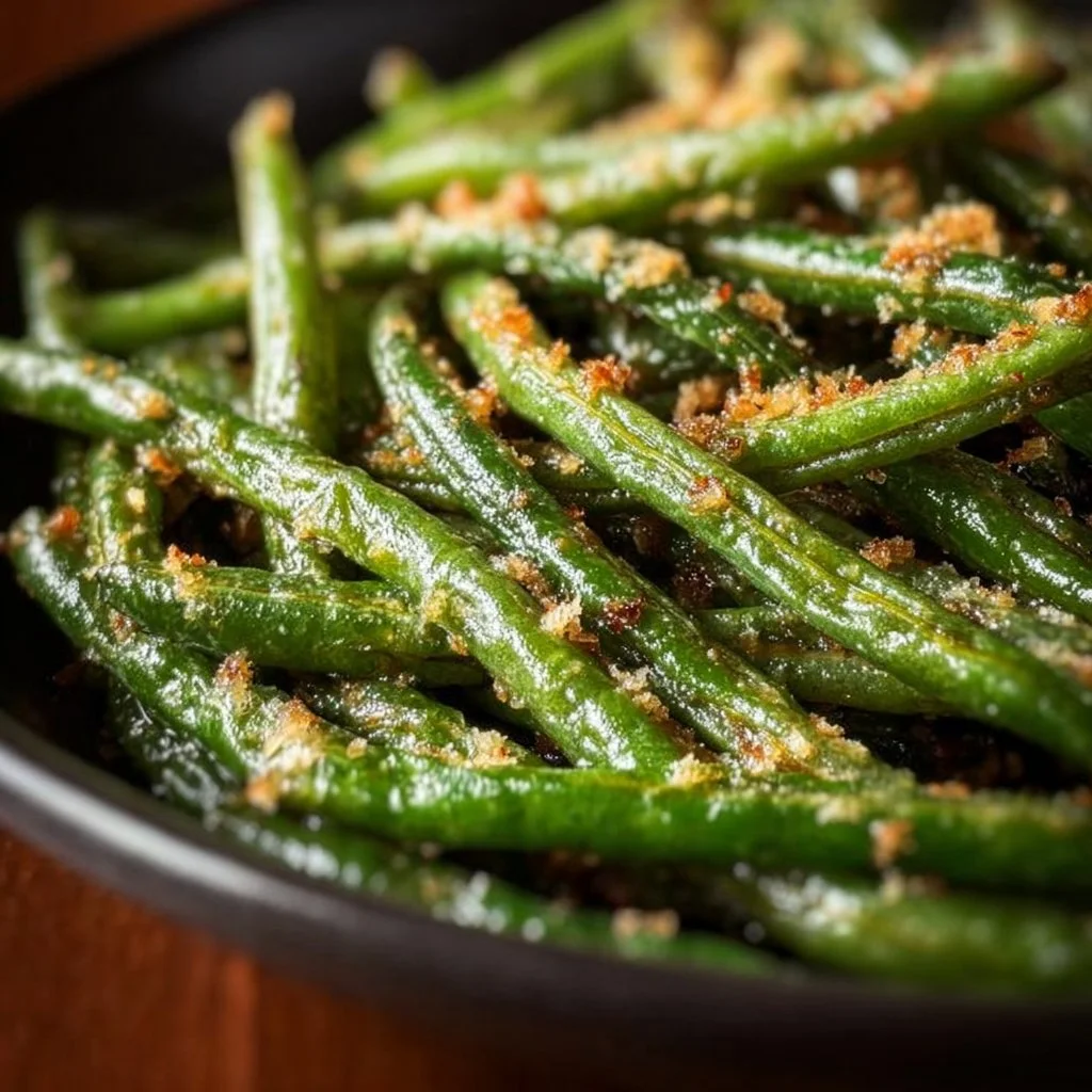 A plate of Parmesan Roasted Green Beans garnished with cheese and herbs.