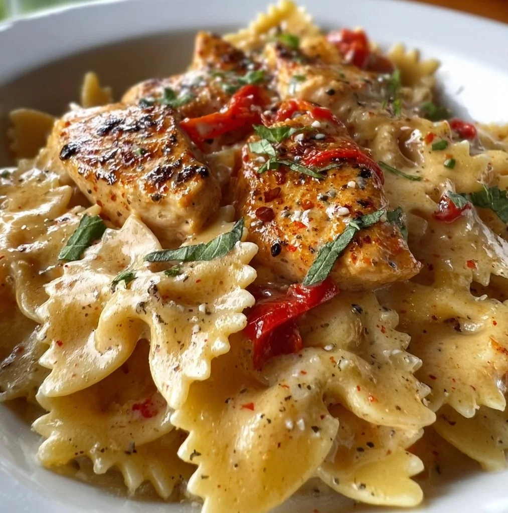 Parmesan chicken with roasted red peppers and bowtie pasta in garlic cream sauce