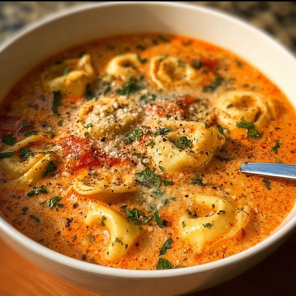 Delicious Parmesan Tomato Tortellini Soup topped with herbs and cheese