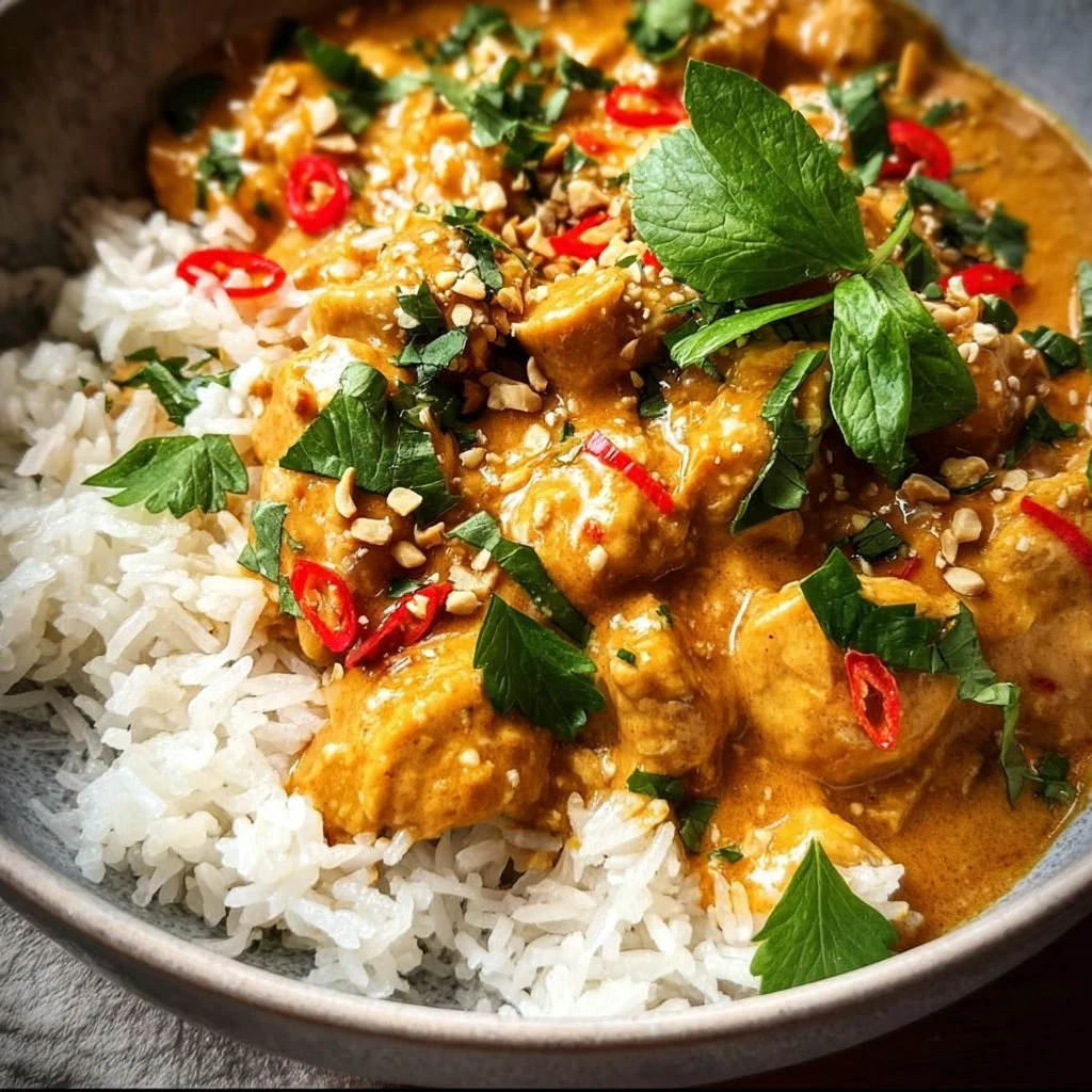 Plate of Peanut Butter Chicken served with rice and vegetables