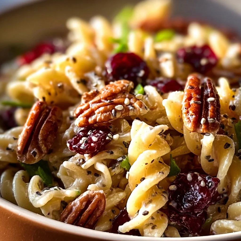 Pecan Cranberry Pasta Salad with fresh ingredients and colorful presentation
