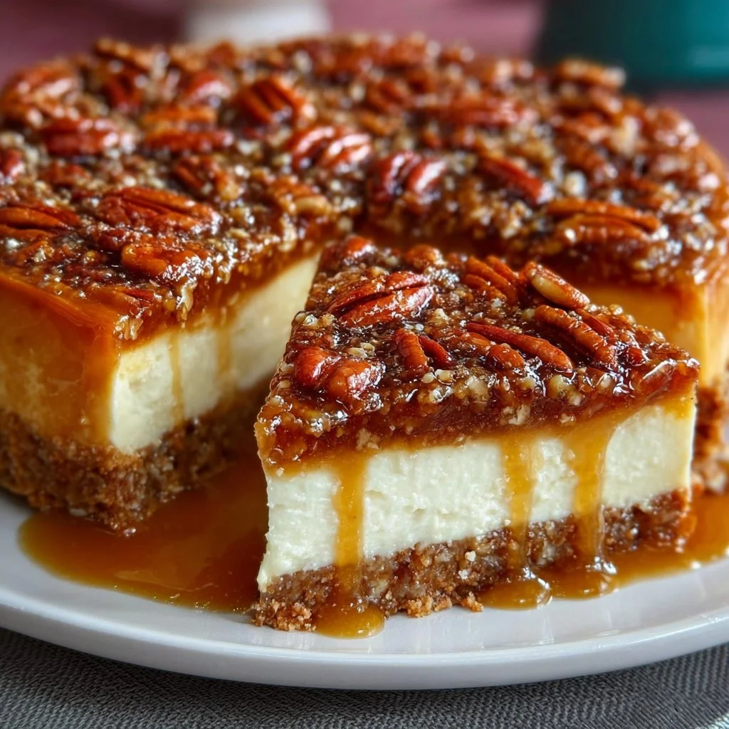 Delicious pecan pie cheesecake topped with pecans and caramel drizzle.