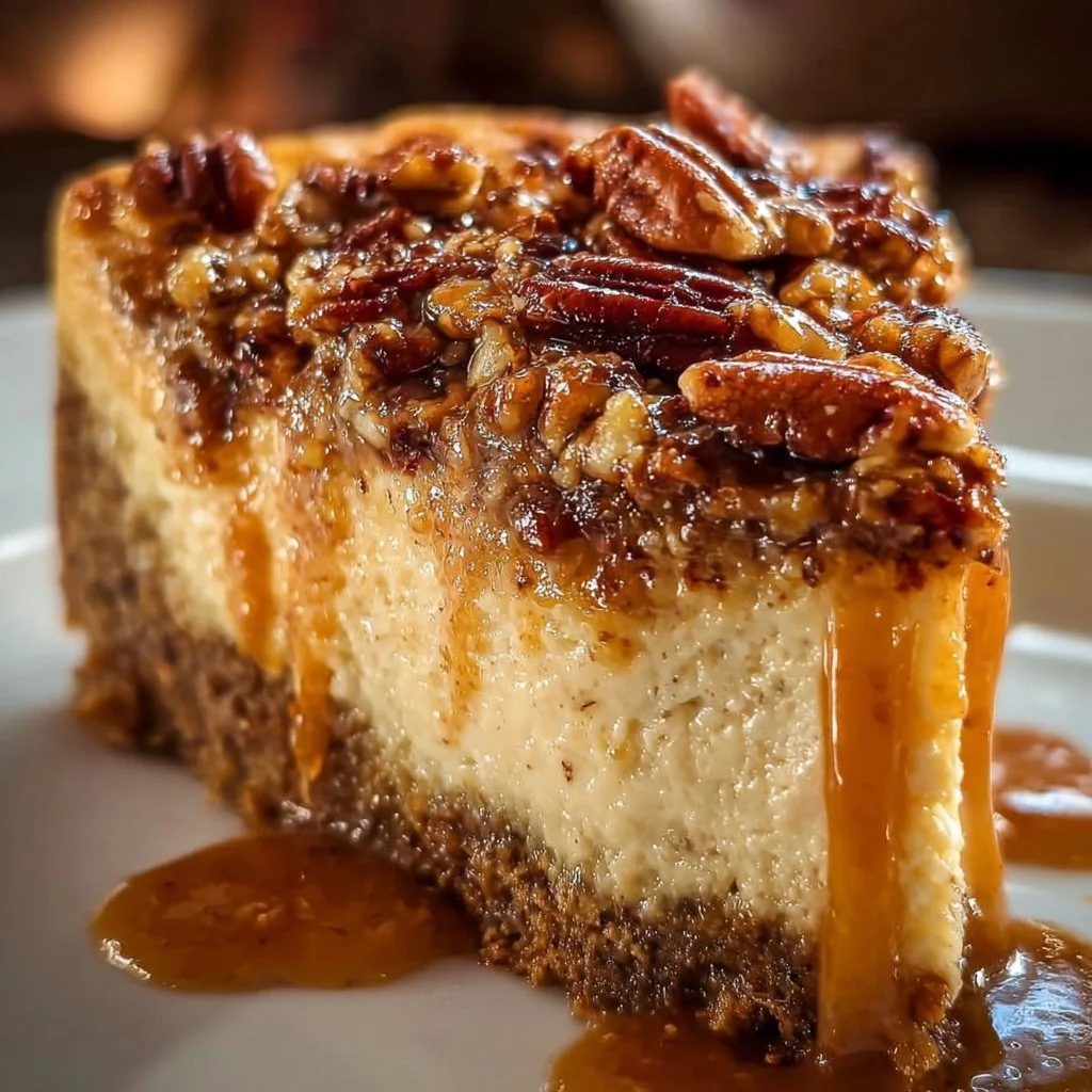 Delicious Pecan Praline Pumpkin Cheesecake topped with crunchy pecans