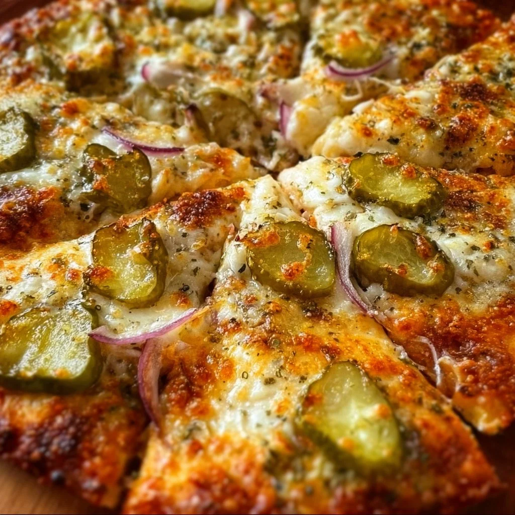 Delicious pickle pizza topped with pickles and cheese, served hot.