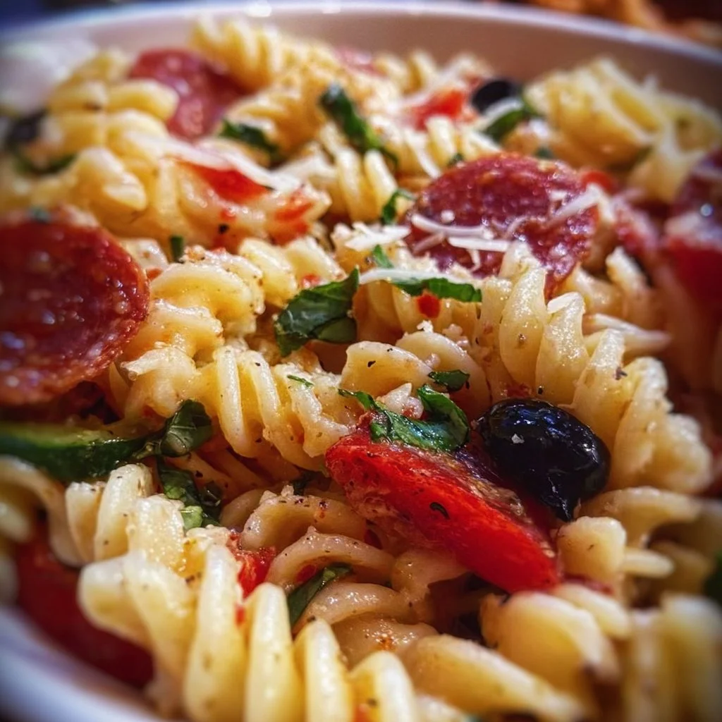 A vibrant Pizza Pasta Salad with fresh ingredients and colorful toppings