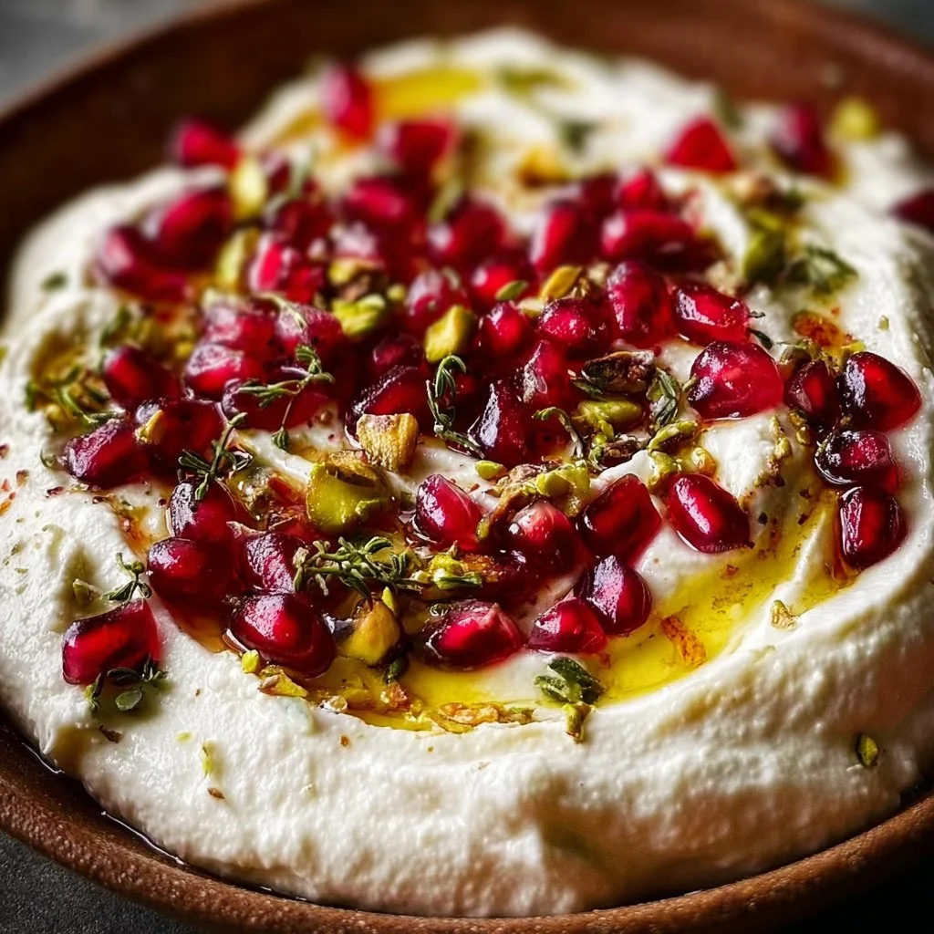 Pomegranate Pistachio Whipped Feta Dip served in a bowl with garnish.