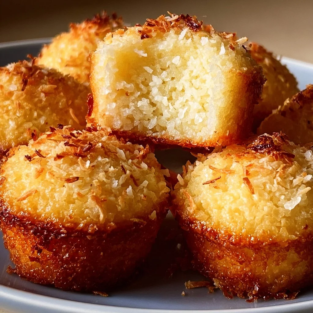 Delicious Portuguese Coconut Cakes topped with shredded coconut