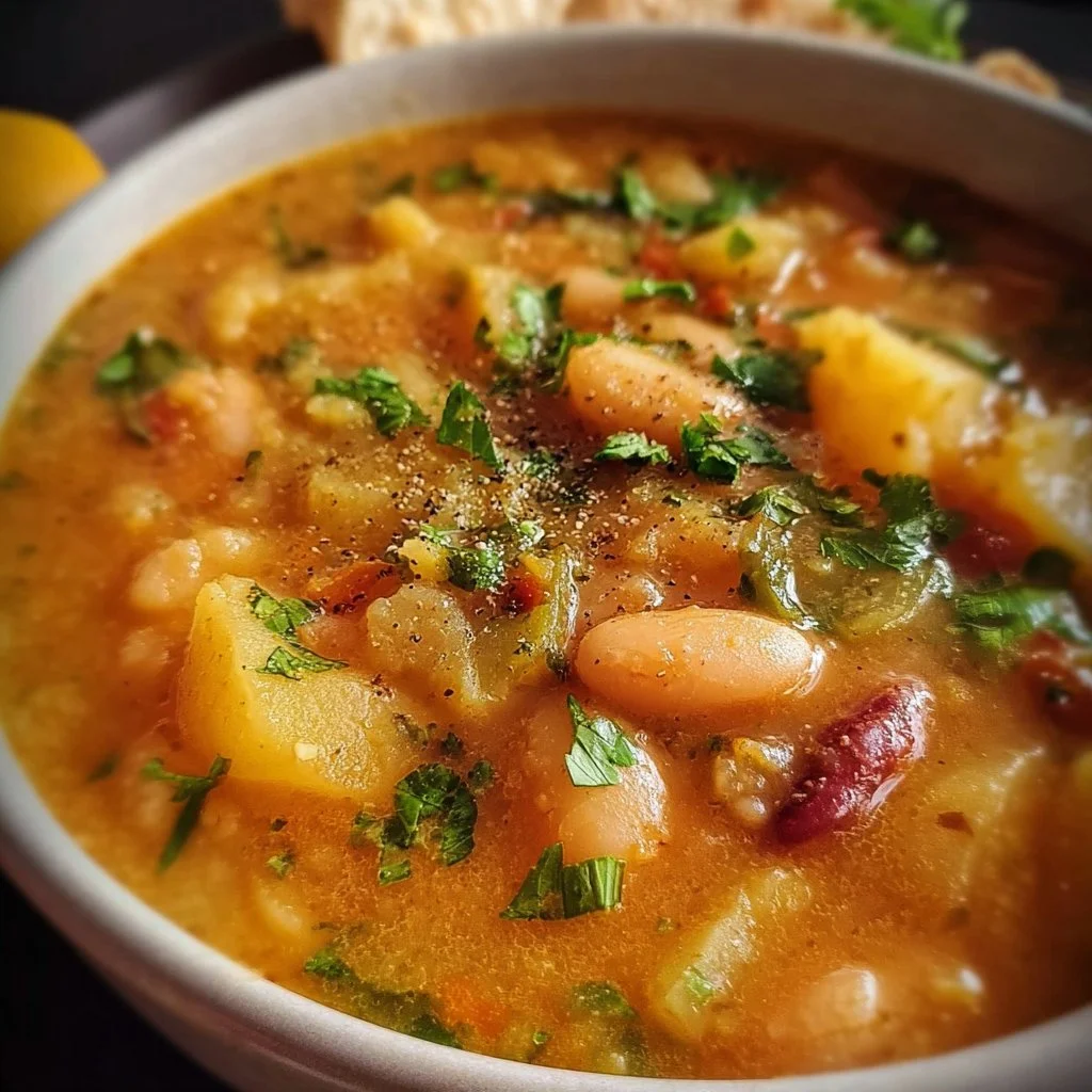 Delicious Potato and Bean Soup served in a bowl with fresh herbs