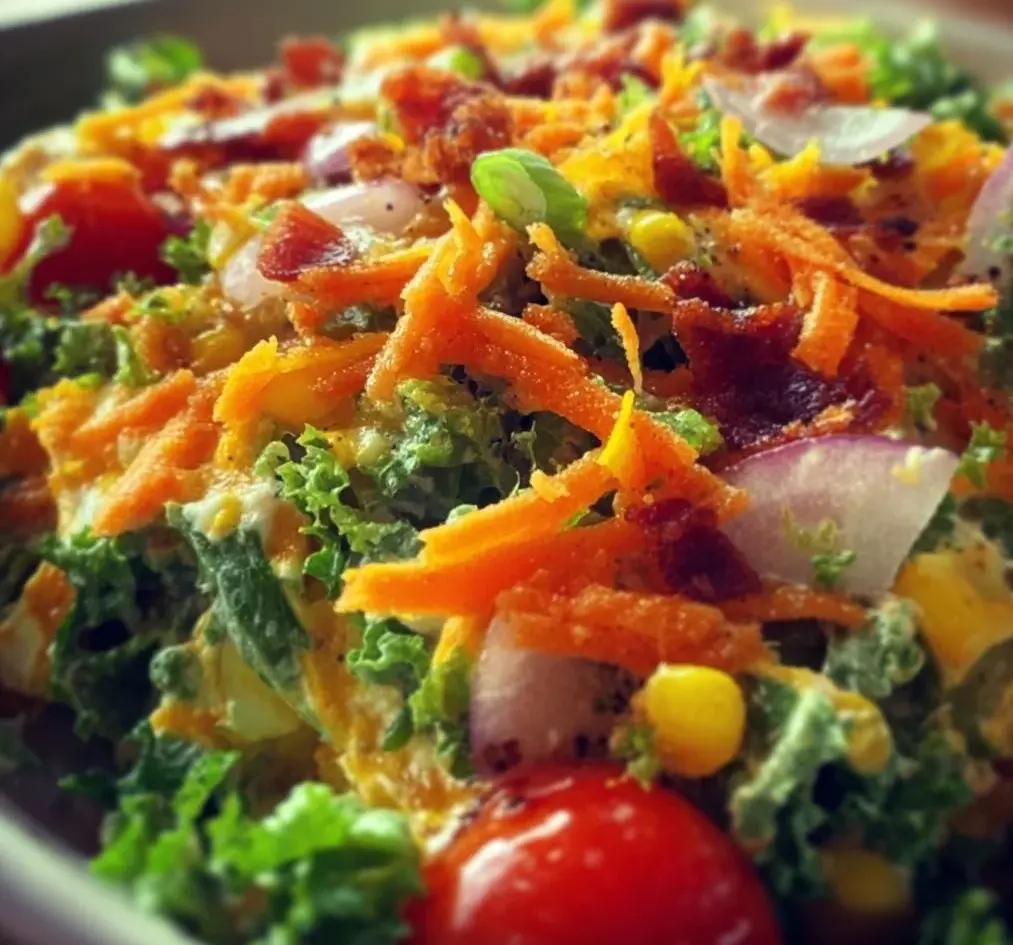 Colorful potluck salad with fresh vegetables and dressing for gatherings