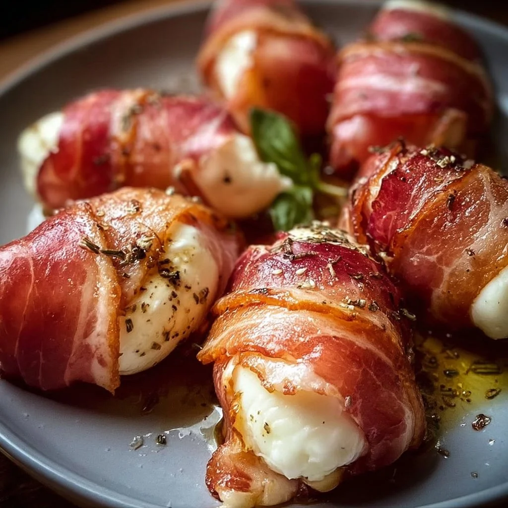 Prosciutto wrapped mozzarella bites ready to be served as a delicious appetizer