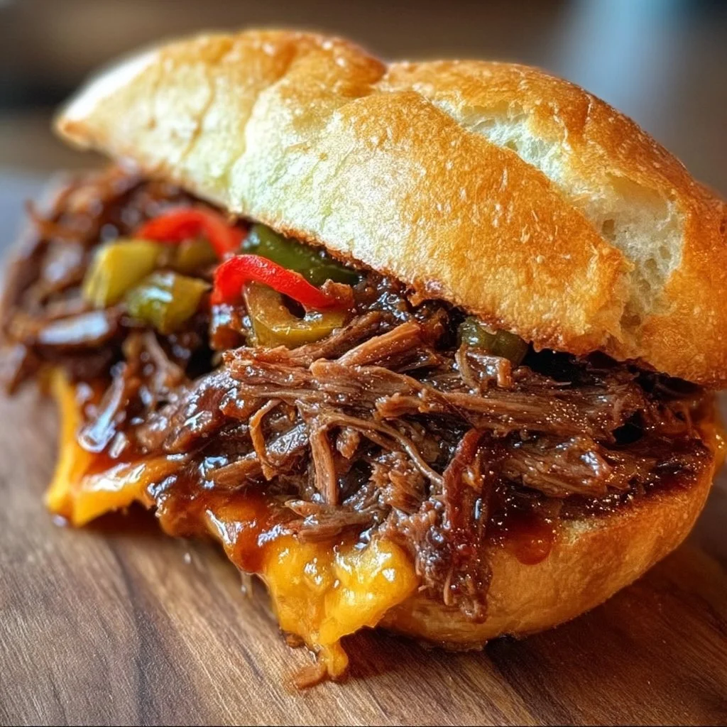 Delectable pulled beef sandwich served with fresh toppings
