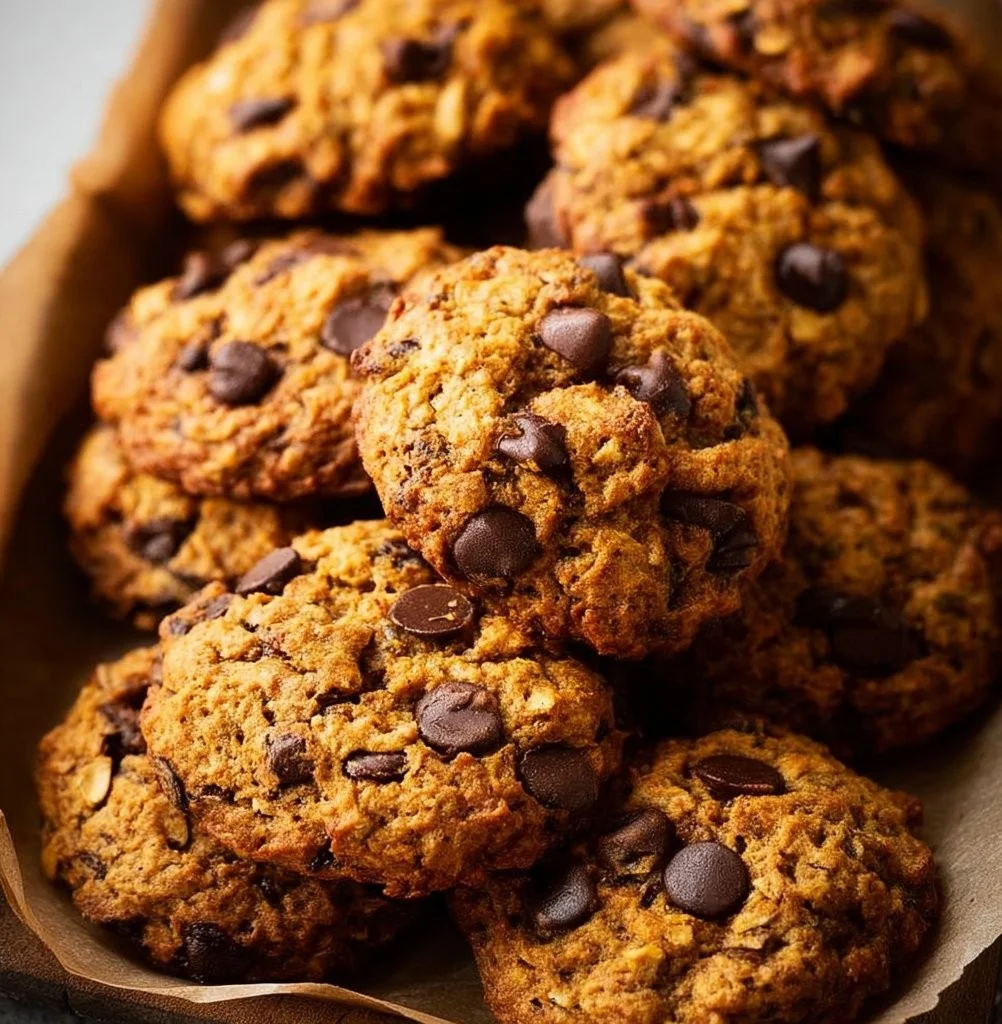 Delicious pumpkin chocolate chip oatmeal cookies on a rustic wooden table.