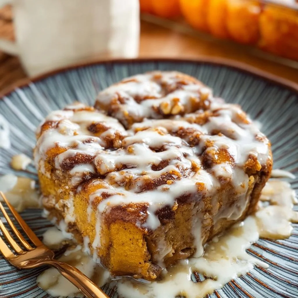 Delicious pumpkin cinnamon roll cake topped with glaze and fall spices