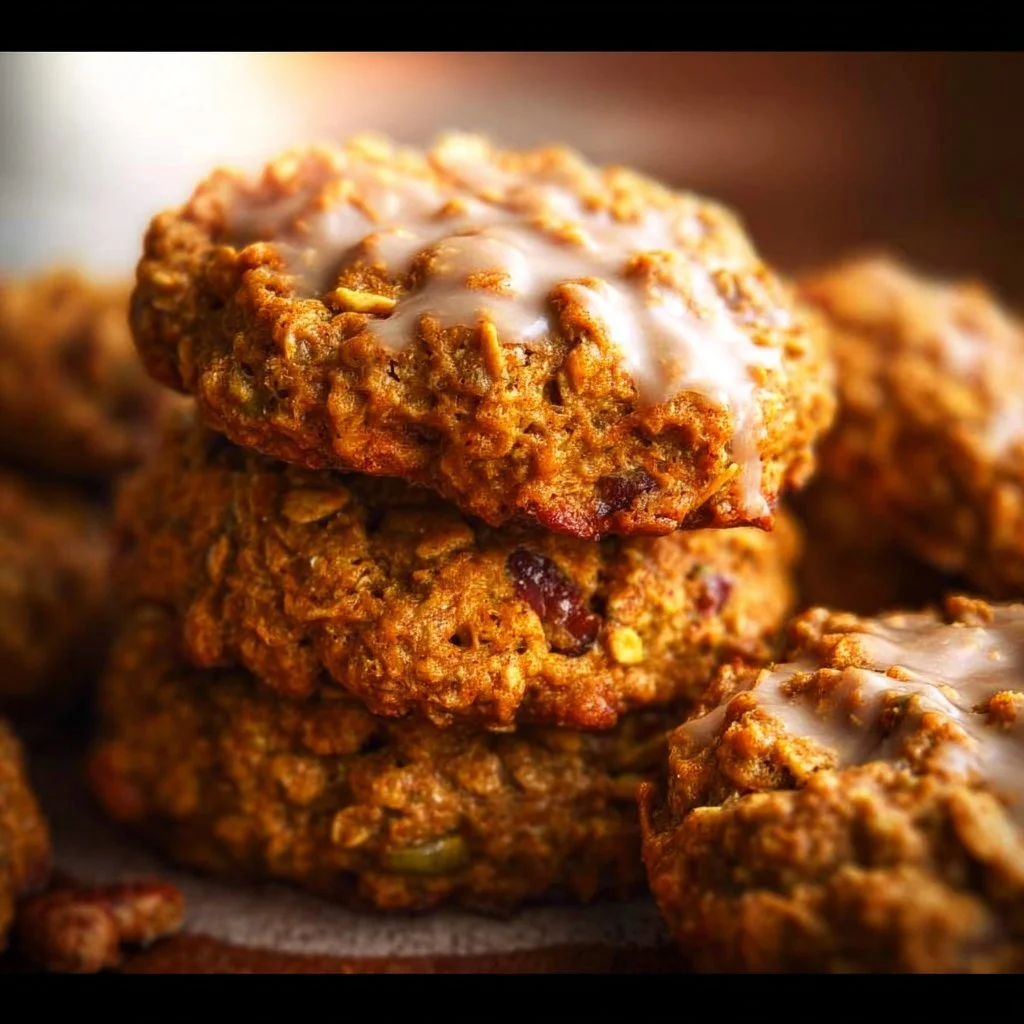 Freshly baked pumpkin oatmeal cookies on a cooling rack
