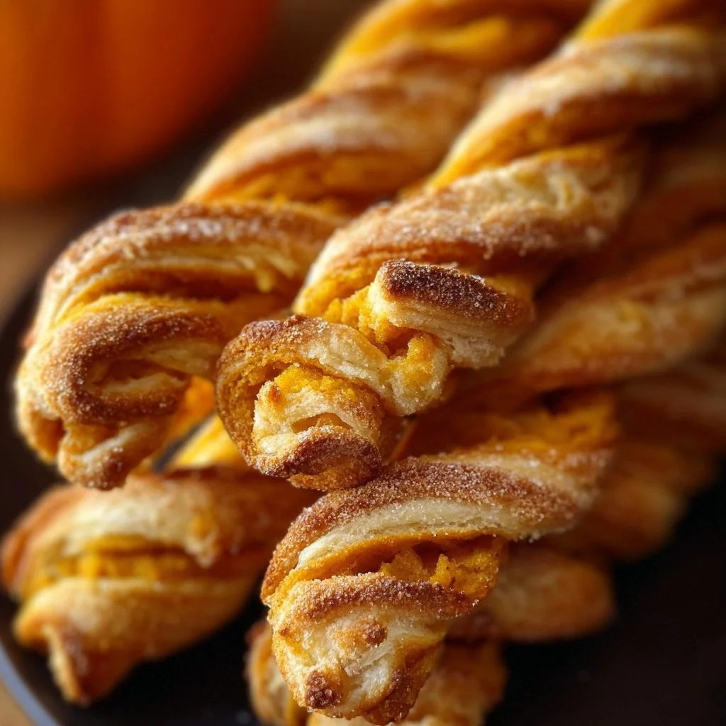 Delicious pumpkin pie twists served on a plate with autumn decorations