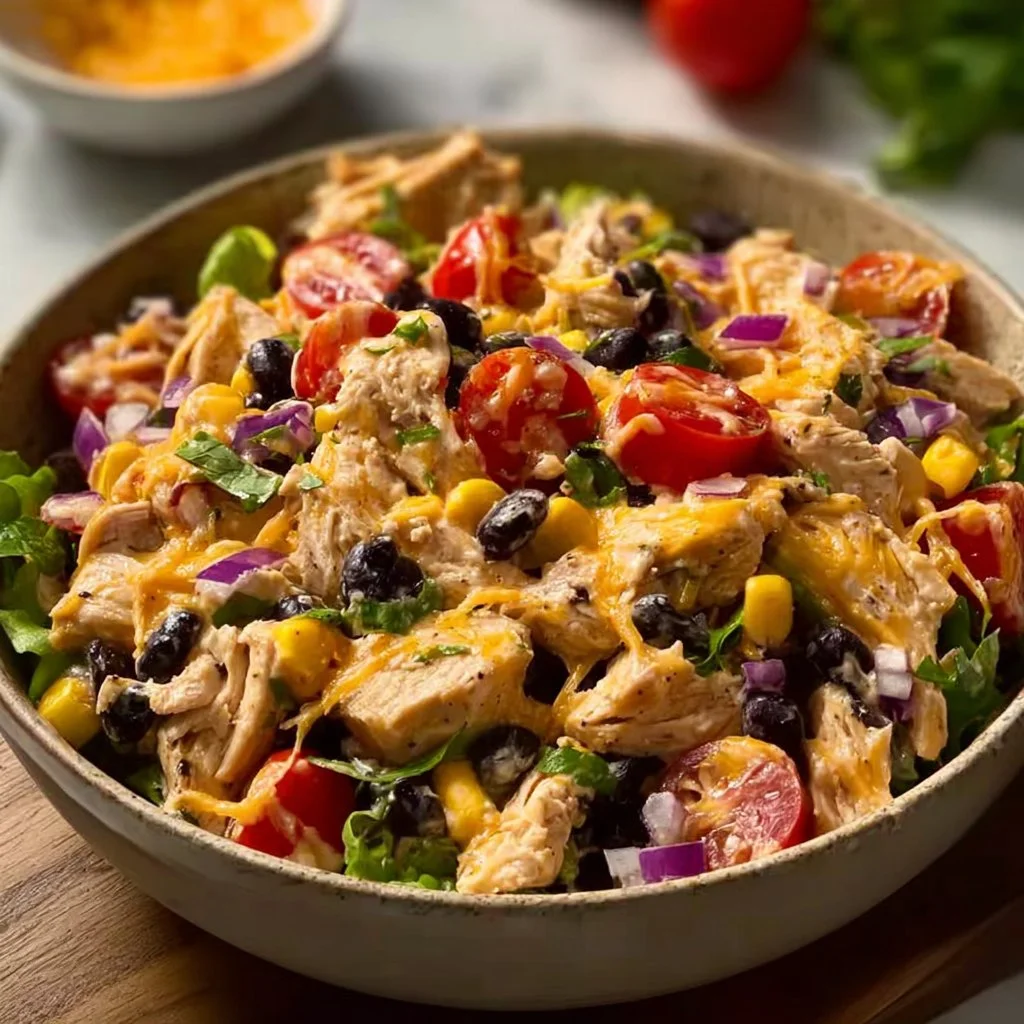 Bowl of Quick Southwestern Chicken Salad with chicken, beans, and corn