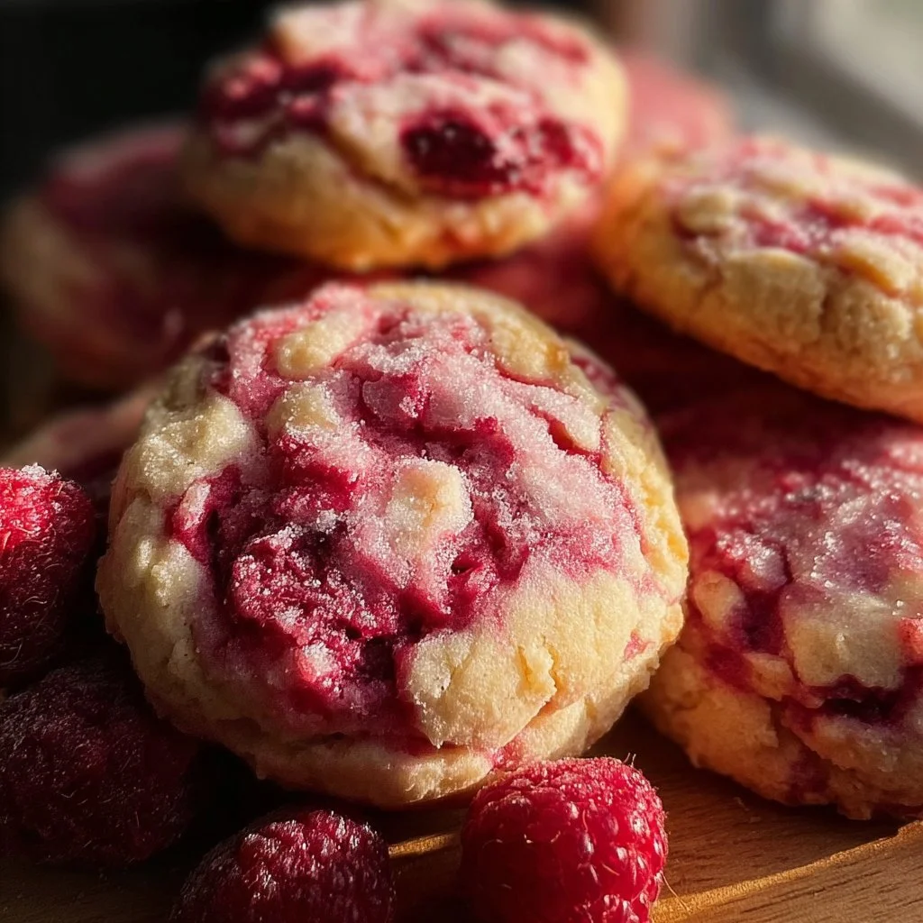 Delicious homemade raspberry cookies with fresh raspberries on a baking sheet