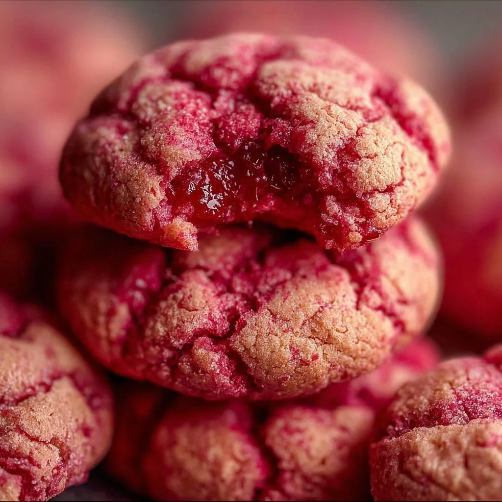 Freshly baked raspberry cookies with juicy berries and a golden crust