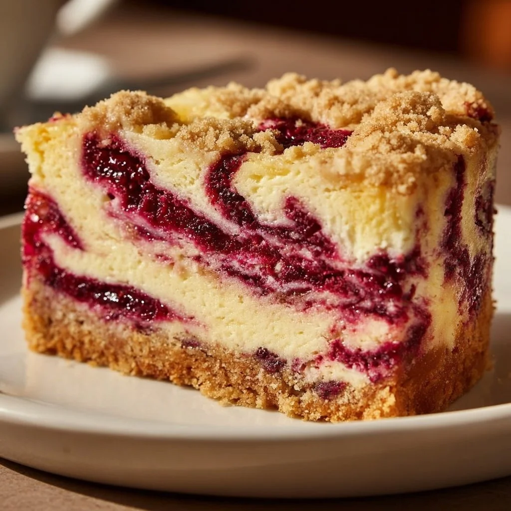 Raspberry Cream Cheese Coffee Cake freshly baked and served on a plate.