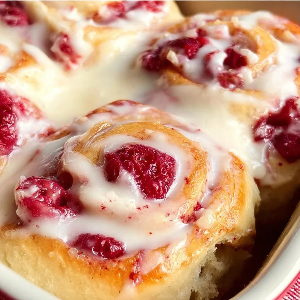 Delicious raspberry cream cheese sweet rolls on a plate