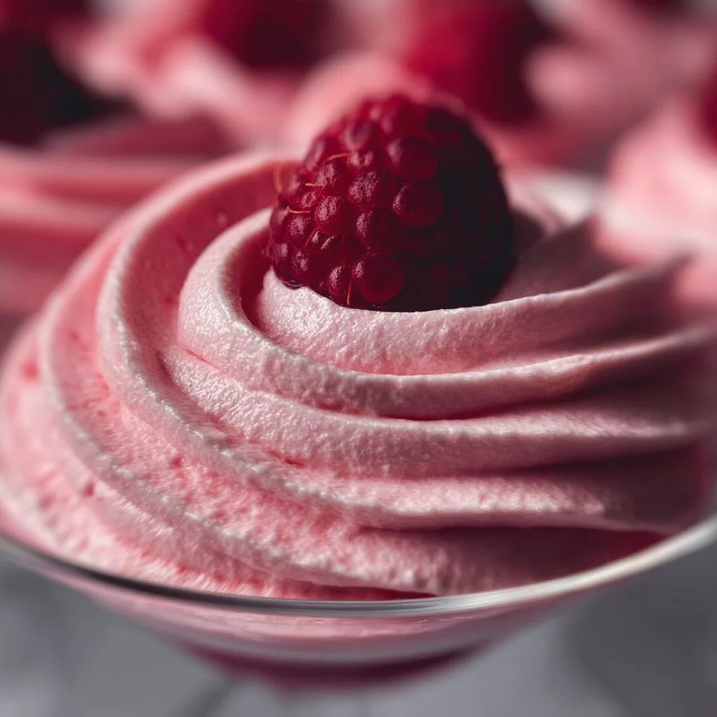 Delicious raspberry mousse dessert in a glass with fresh raspberries on top